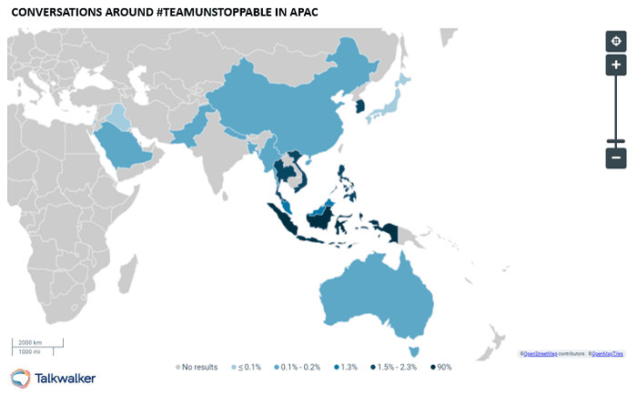 Team Unstoppableハッシュタグをめぐる会話（APAC、世界地図に表示）
