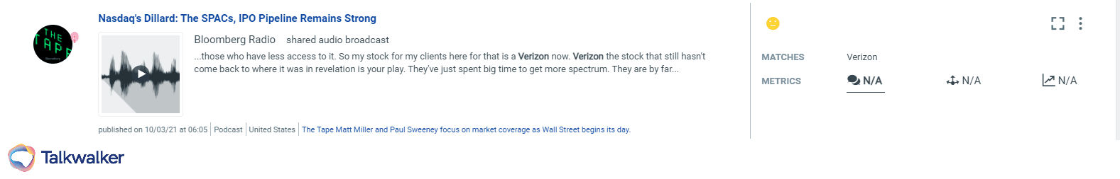 Podcast Monitoringで、ニュースが急上昇した数週間後にBloombergがVerzionについて議論していることが見える。