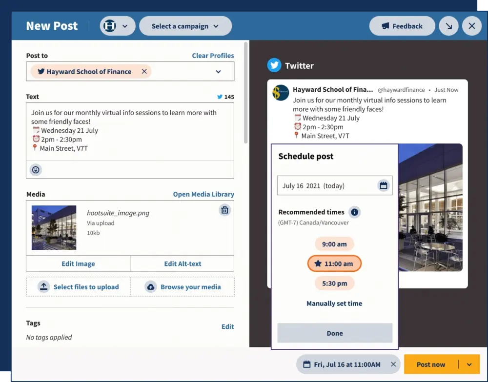 Demonstration on scheduling a post at specific times.